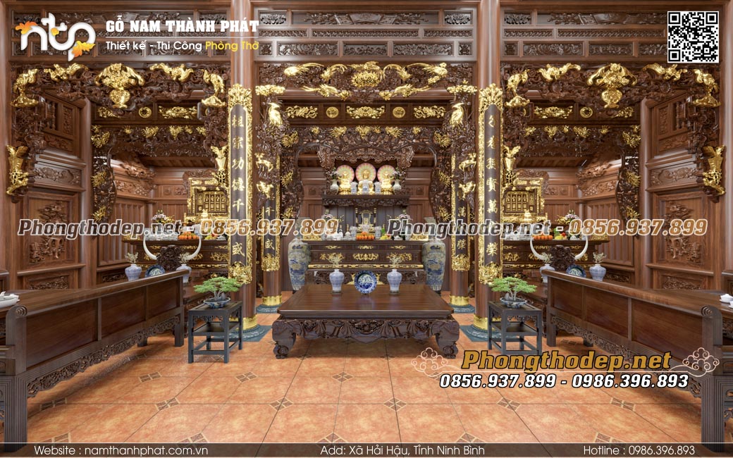 Mẫu nội thất nhà gỗ 5 gian kết hợp thờ Phật trang nghiêm